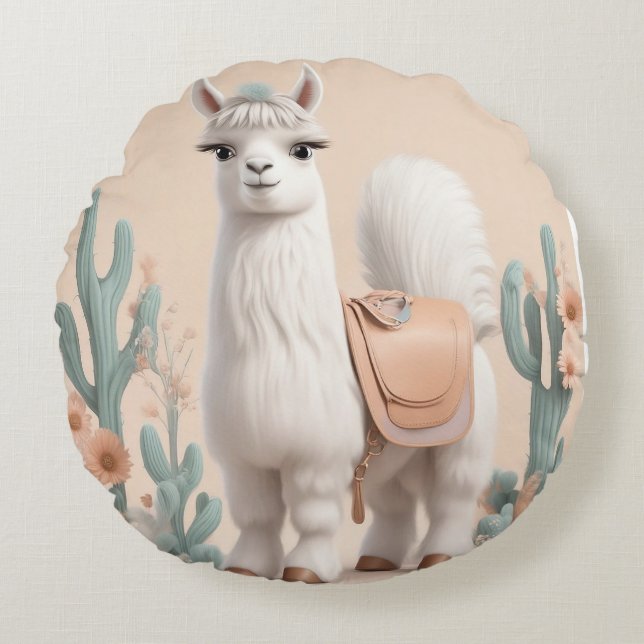 Llama med Saddle i öknen Rund Kudde (Framsidan)