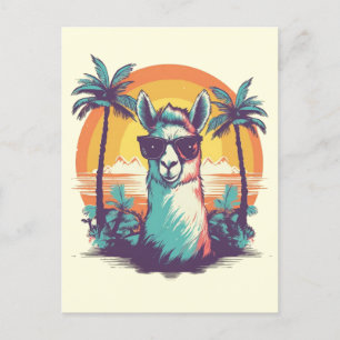 Llama med solglasögon vid stranden med handflatan helg vykort