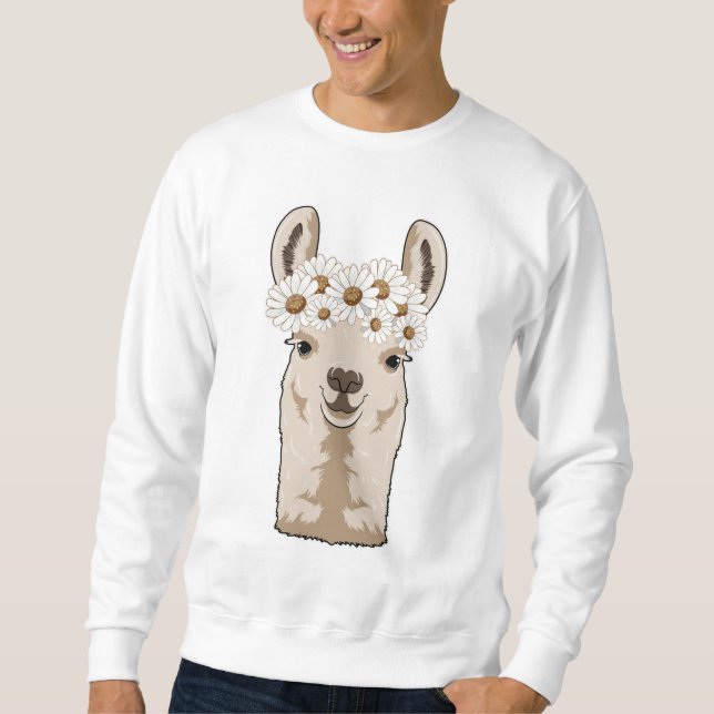 Llama med vita Blommar Lång Ärmad Tröja (Framsida)