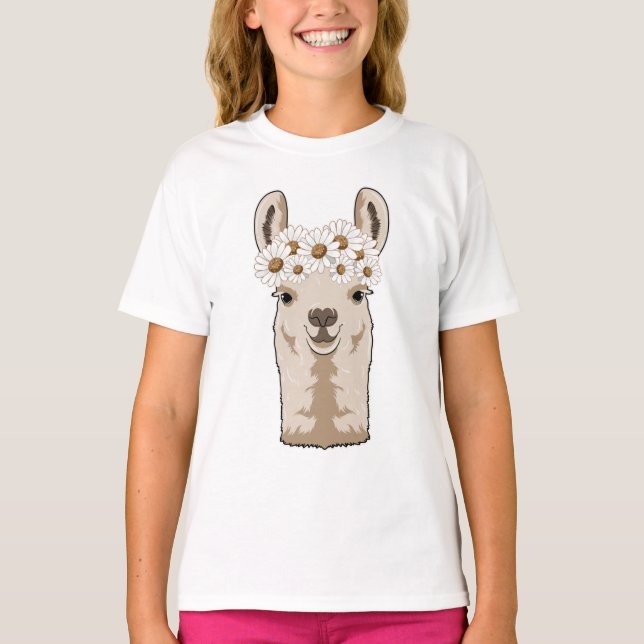 Llama med vita Blommar T Shirt (Framsida)