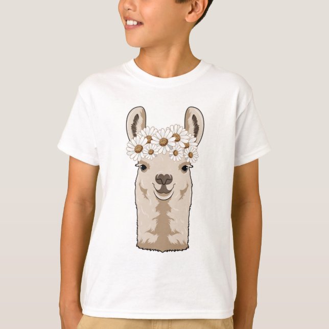 Llama med vita Blommar T Shirt (Framsida)