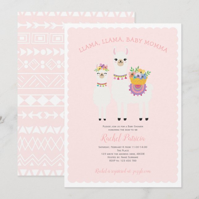 Llama Momma-Cute, Flicka Shower Inbjudningar (Fram/baksida)