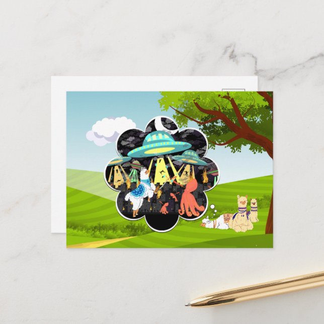 Llama mot Evil Squid Epic Space-slaget Vykort (Fram/Back In Situ)