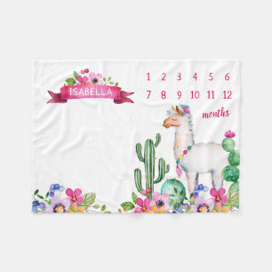 Llama och Cactus Blommigt Baby Namn Milestone Phot Fleecefilt