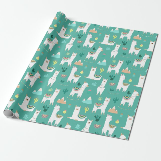 Llama och Cactus Patterns i Grönt Presentpapper (Utrullad)