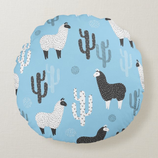 Llama och cactus, söt mönster. rund kudde (Framsidan)