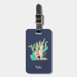 Llama och Cactus Watercolor Blue Personlig Bagagebricka