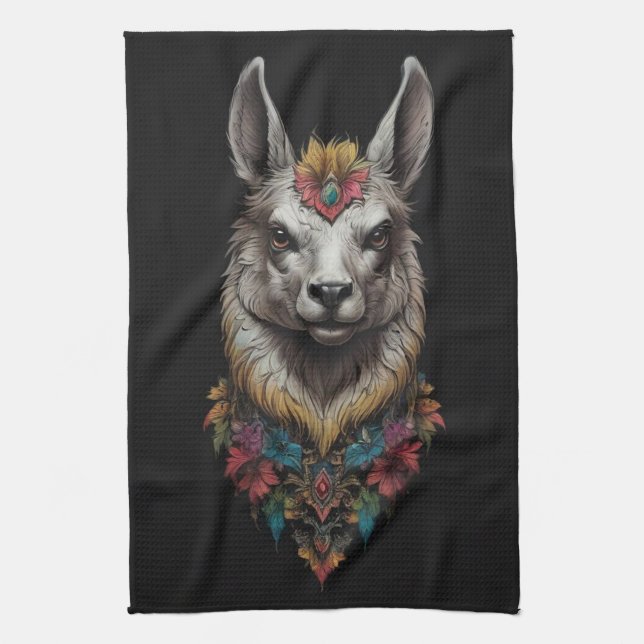 Llama och Flower Porträtt. Kökshandduk (Vertikal)