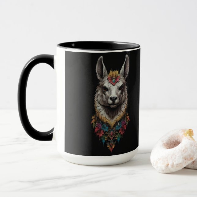 Llama och Flower Porträtt. Mugg (Med munk)