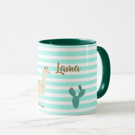 Llama och kaktus på grönt och vitt rand mugg