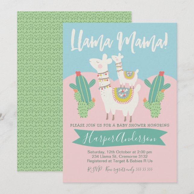 Llama- och kaktusbaby showerinbjudan inbjudningar (Fram/baksida)