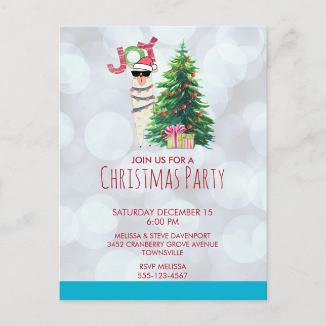 Llama på Silver Bokeh & Isig Blue jul Party Vykort (Framsida)