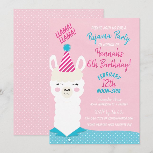 Llama Pajama Party födelsedagsinbjudan Inbjudningar (Fram/baksida)