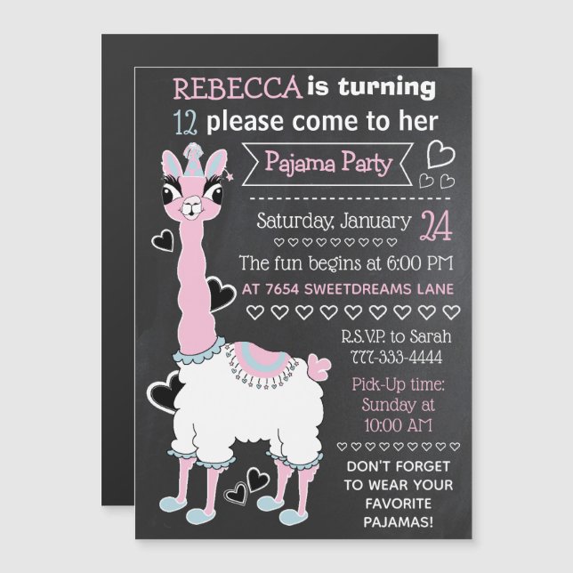 Llama Pajama Sleepover Girl Party Blackboard Stil Magnetisk Inbjudningskort (Fram/baksida)