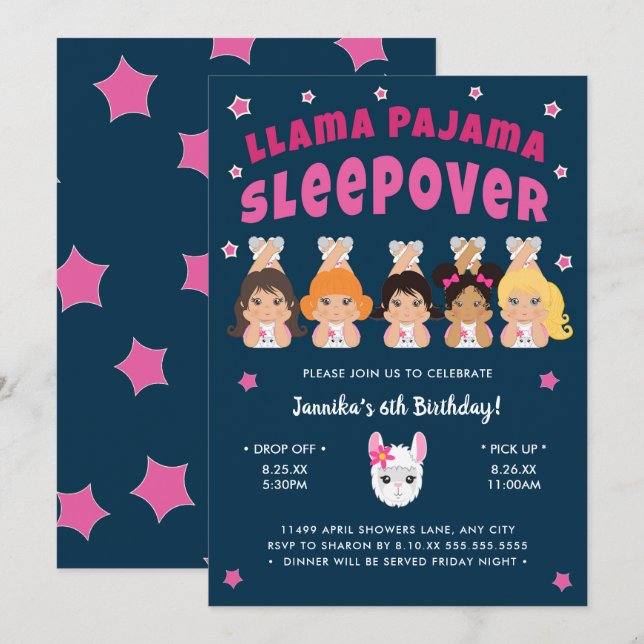 Llama Pajama Sleepover Shock rosa Navy Inbjudningar (Fram/baksida)