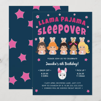 Llama Pajama Sleepover Shock rosa Navy Inbjudningar