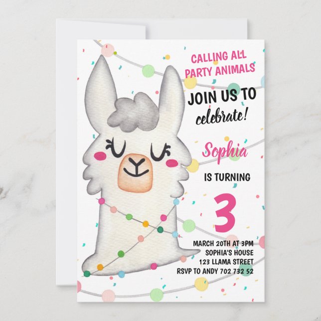 Llama Party Girl Party Animals Llama Roligt Birthd Inbjudningar (Framsida)