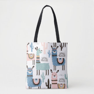 Llama Patterned Tote in Blue, Grönt & Rosa Tygkasse