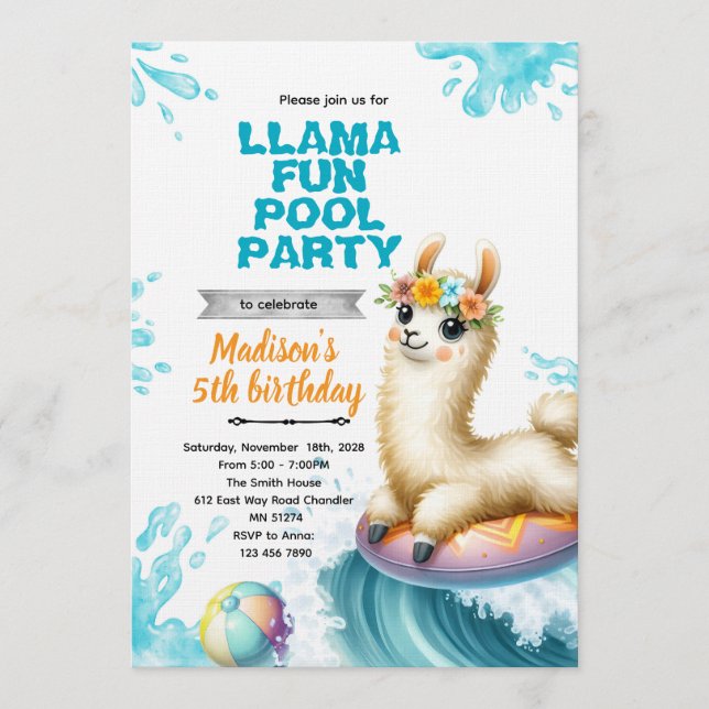 Llama poolparty inbjudan (Framsida)