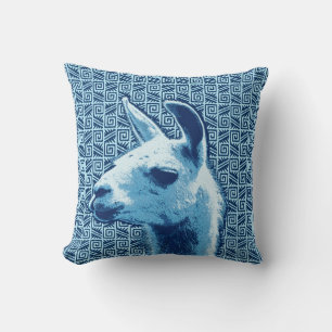 Llama Porträtt på Aztec Mönster, Denim Blue Kudde