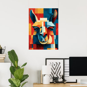 Llama Porträtt Poster - Retro Geometrisk Träsnitt