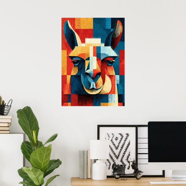 Llama Porträtt Poster - Retro Geometrisk Träsnitt  (Hemmakontoret)