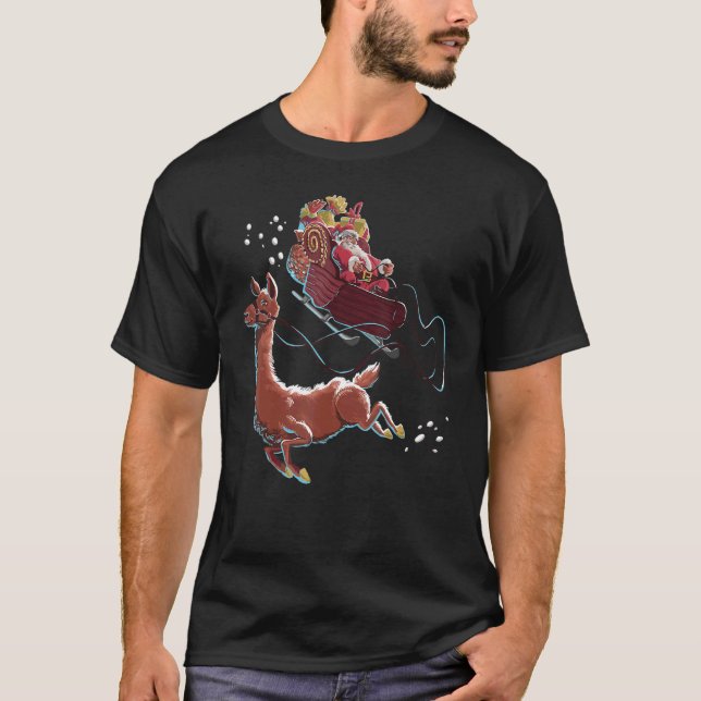 Llama Pulling Santa's Sleigh-jultomten Julafton T Shirt (Framsida)