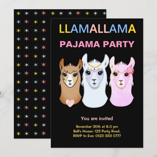 Llama Pyjamasfest Inbjudan (Fram/baksida)