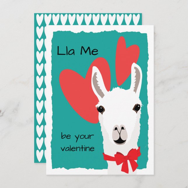 Llama Red Hearts Teal-Lla Jag är din valentin Julkort (Fram/baksida)
