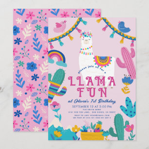 Llama Roligt Alpaca Girl Rosa 1:a födelsedagen Inbjudningar