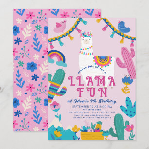 Llama Roligt Alpaca Girl Rosa Birthday Inbjudningar