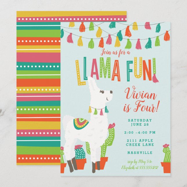 Llama Roligt Födelsedagsfest inbjudan Alpaca Blue (Fram/baksida)