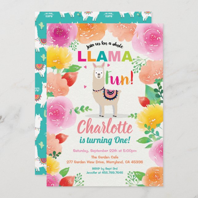 Llama-roligt första födelsedagsinbjudan. Folk Inbjudningar (Fram/baksida)