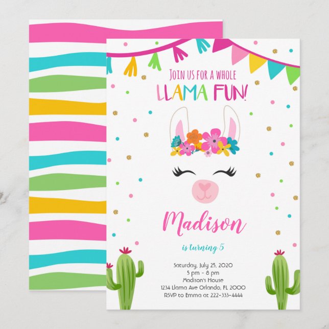 Llama-Roligt med kaktus födelsedagsinbjudan Inbjudningar (Fram/baksida)