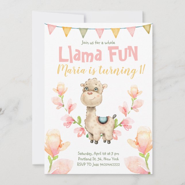 Llama Roligt Rosa Watercolor Birthday-inbjudan Inbjudningar (Framsida)