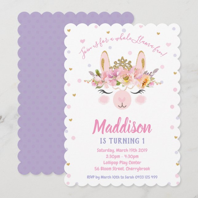 Llama-Roligtens födelsedagsinbjudan Flickor Alpaca Inbjudningar (Fram/baksida)