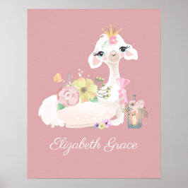 Llama Rosa and White with Flowers Girly Poster