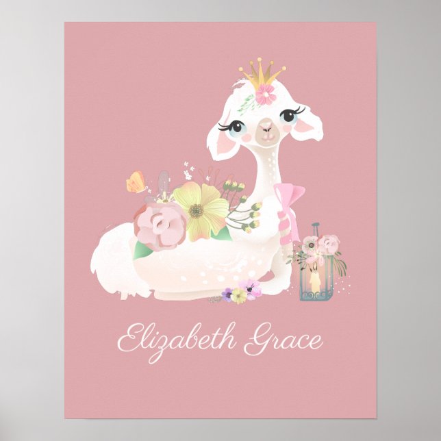 Llama Rosa and White with Flowers Girly Poster (Framsidan)