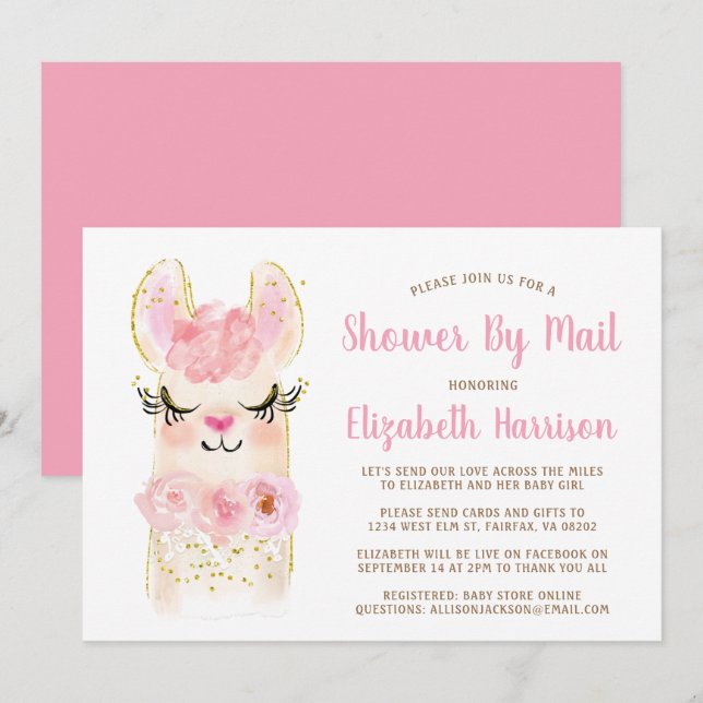 Llama Rosa Baby Shower by Mail Inbjudningar (Fram/baksida)