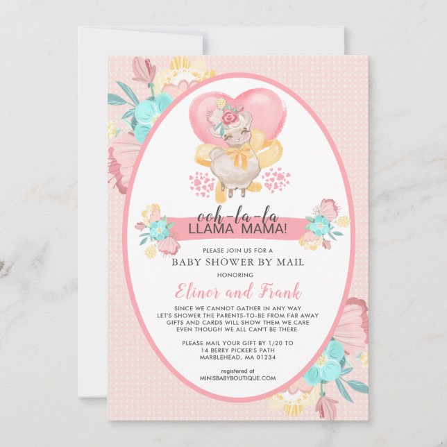Llama Rosa Blommigt Baby Shower by Mail Inbjudningar (Framsida)