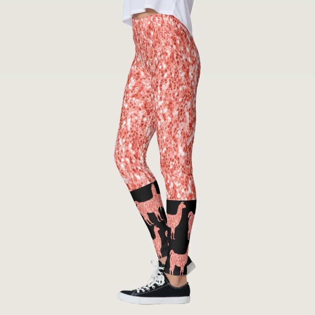 Llama rosa coral glitter Sparkles mönster black Leggings (Vänster)