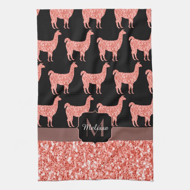 Llama rosa coral glitter Sparkles mönster Monogram Kökshandduk (Vertikal)