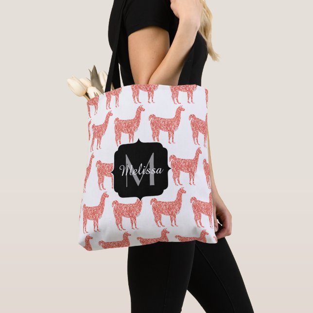 Llama rosa coral glitter Sparkles mönster Monogram Tygkasse (Närbild)