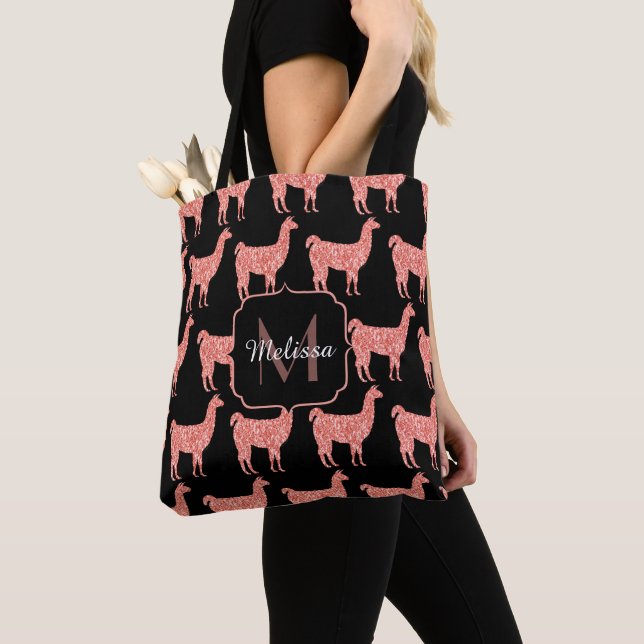 Llama rosa coral glitter Sparkles mönster Monogram Tygkasse (Närbild)
