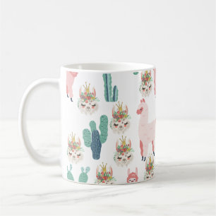 Llama Rosa och Grön Kaktus, Alpaca, Söt, Tjejig Kaffemugg