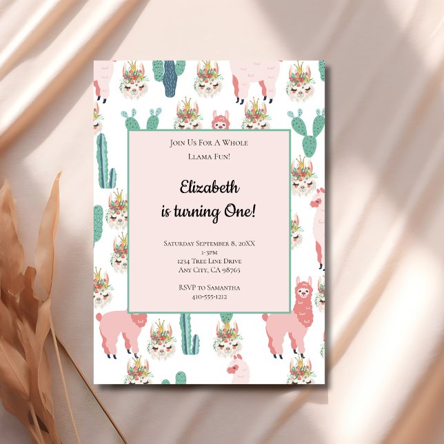 Llama Rosa och Grönt Cactus Cute Barns födelsedag Inbjudningar (Pink Green Llama cactus Girls 1st 2nd birthday party invitation)