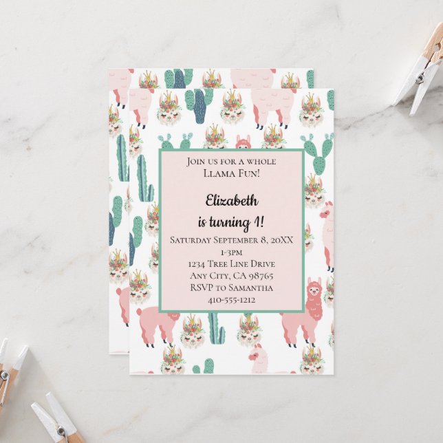 Llama Rosa och Grönt Cactus Cute Barns födelsedag Inbjudningar (Fram/Back In Situ)