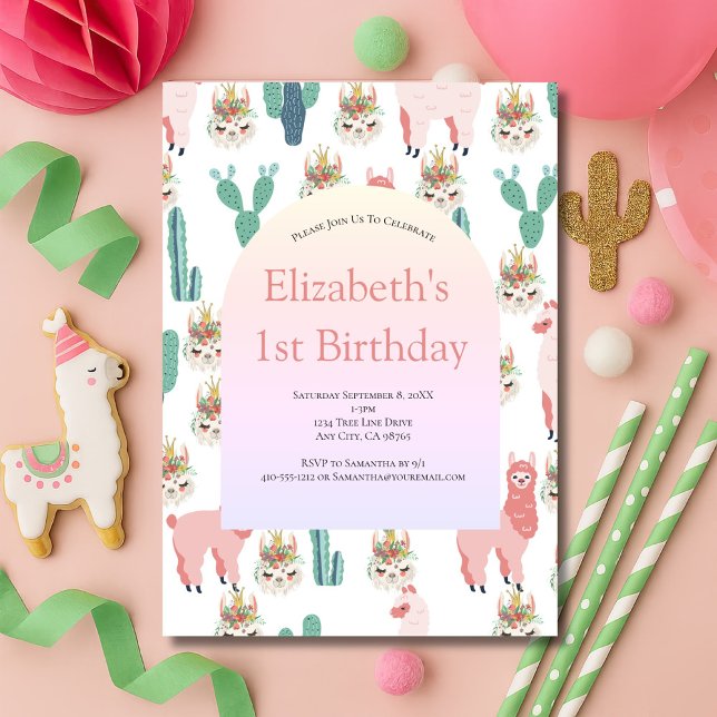 Llama Rosa och Grönt Cactus Cute Girl Birthday Inbjudningar (llama and cactus pink and green girls birthday invitation)