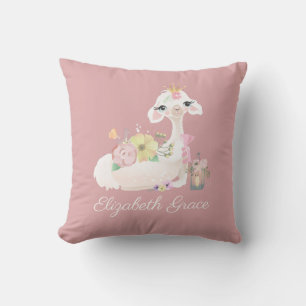 Llama Rosa och Vit med Blommor Tjejig Kudde