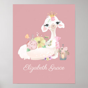 Llama Rosa och Vit med Blommor Tjejig Poster